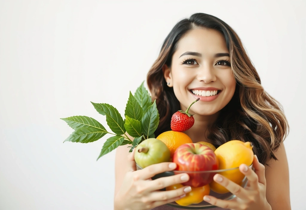Femeie zâmbitoare care ține un bol cu fructe proaspete, simbolizând sănătate și vitalitate