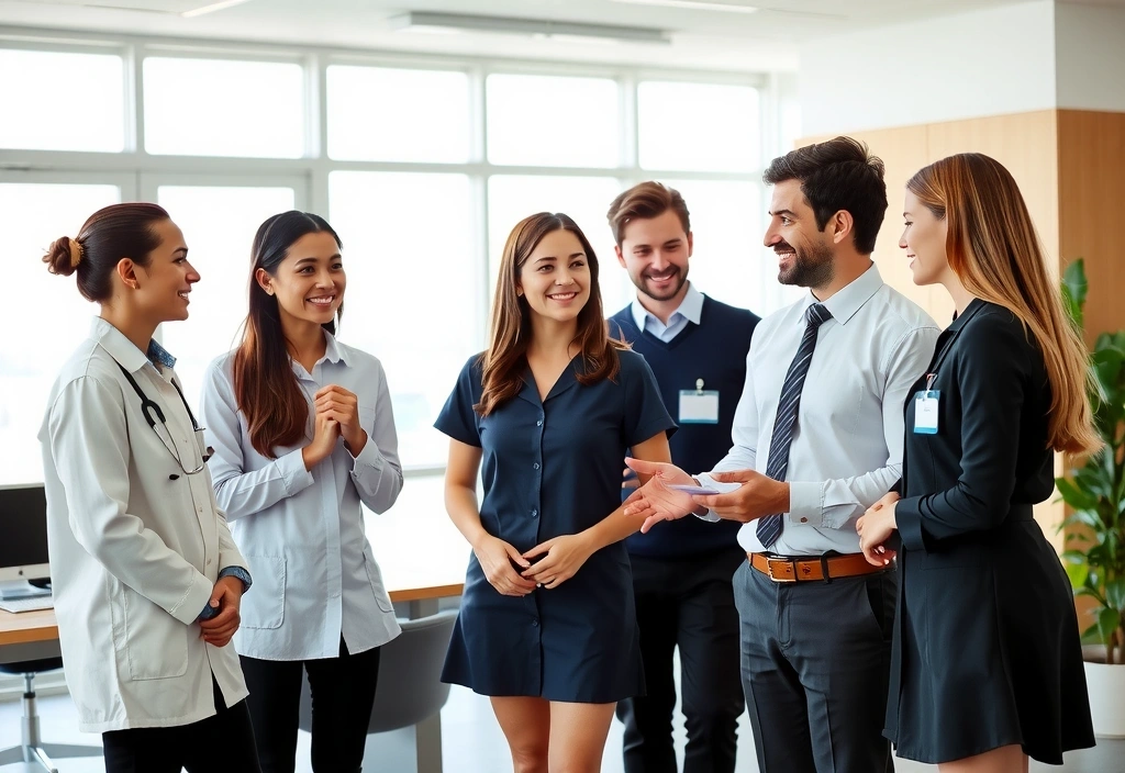 Grup de specialiști Nutriexperti zâmbitori și interacționând