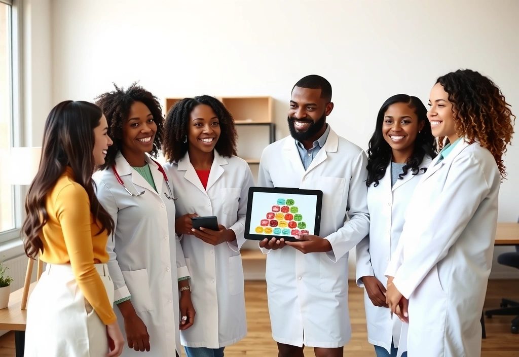 Echipa Nutriexperti zâmbind și discutând despre nutriție